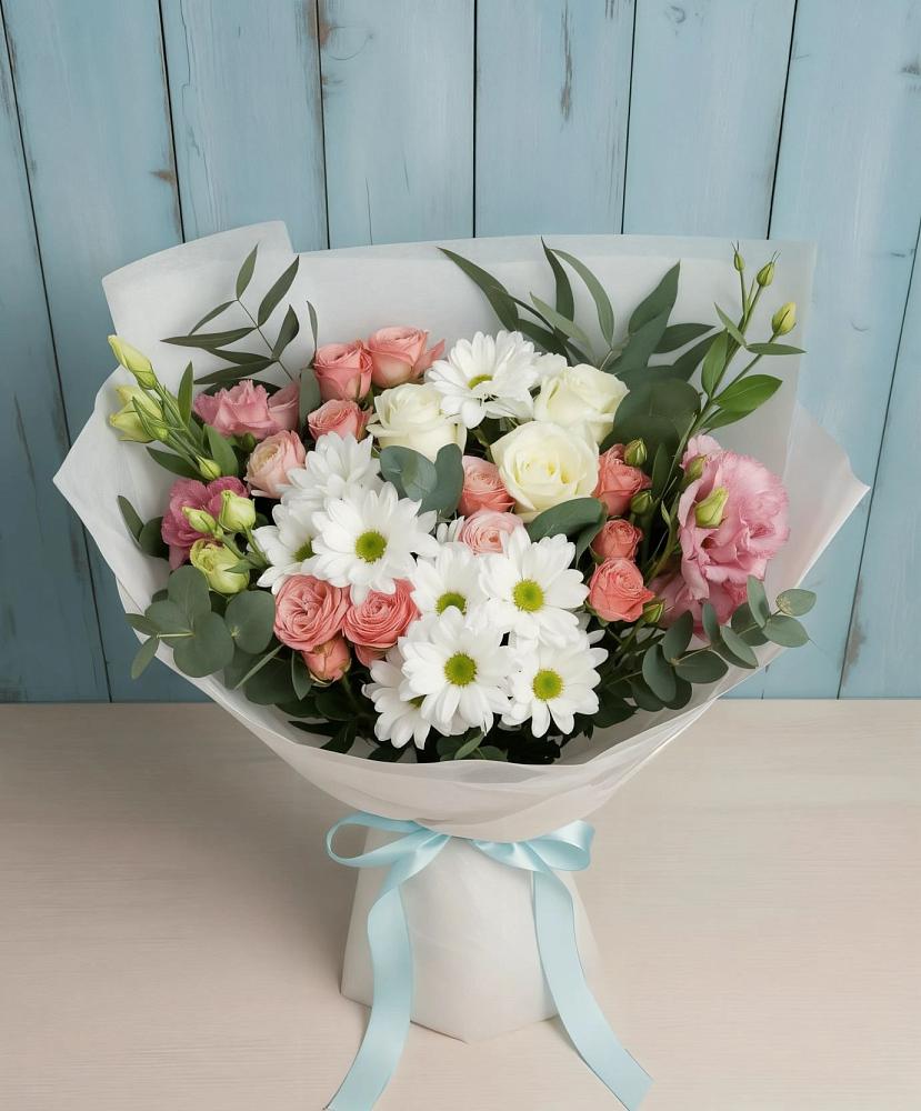 Букет цветов из: Розы, Лизиантусы и Хризантемы в Шолохово