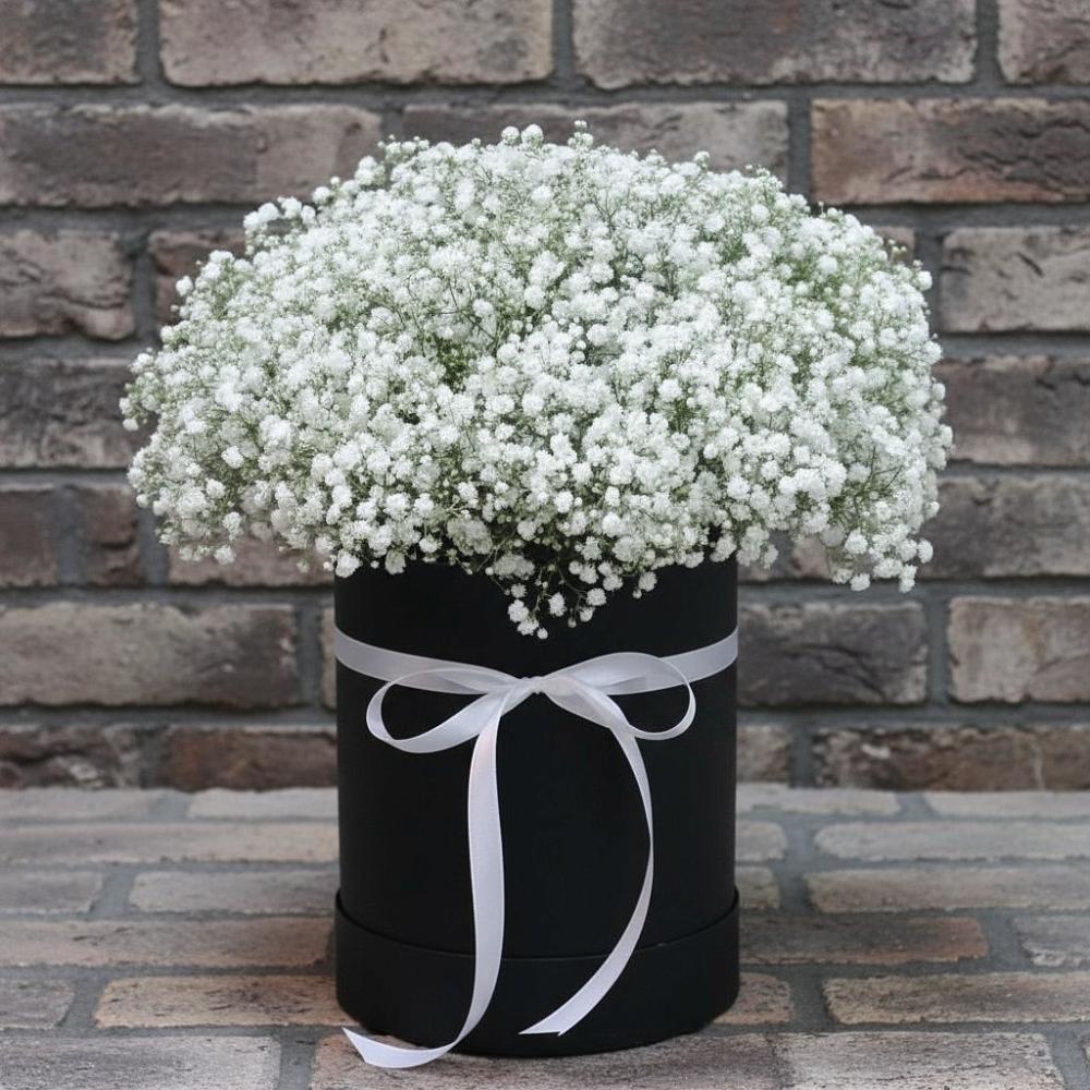 Цветочная композиция из Гипсофила в шляпной коробке в Шолохово