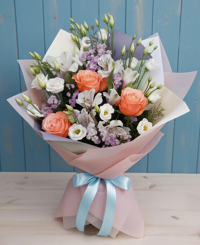 Букет цветов из: Лизиантусы, Розы, Альстромерии и Гипсофила в Шолохово