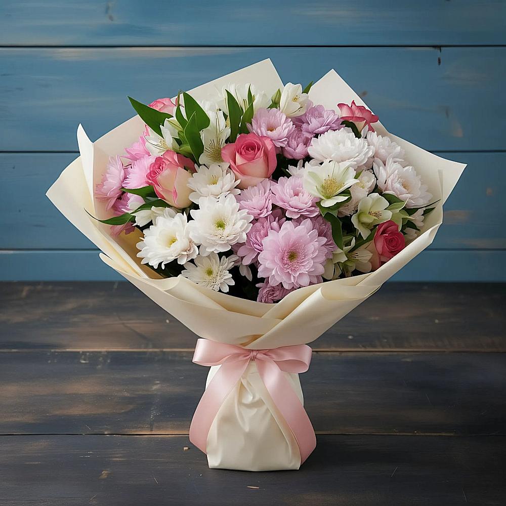 Букет цветов из: Хризантемы, Альстромерии и Розы в Шолохово